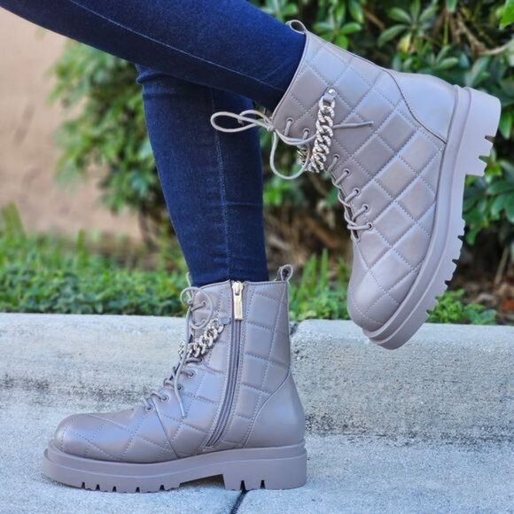 Womens Chunky Block Heel Ankle Combat Boots Taupe Color - Picture 1 of 6